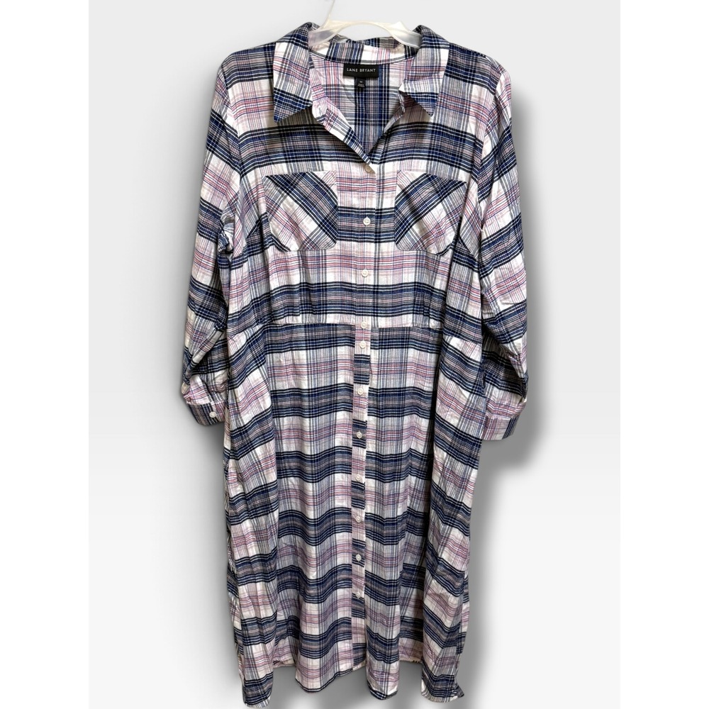 Lane Bryant Womens Pink Navy Plaid Button Front Midi Shirt Dress Size 20 NWOT - Picture 3 of 8